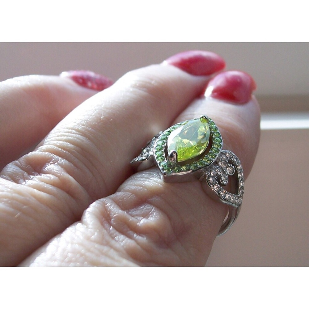 Marquise Simulated Peridot & Cubic Zirconia Ring Stainless Steel Women's - Picture 5 of 16